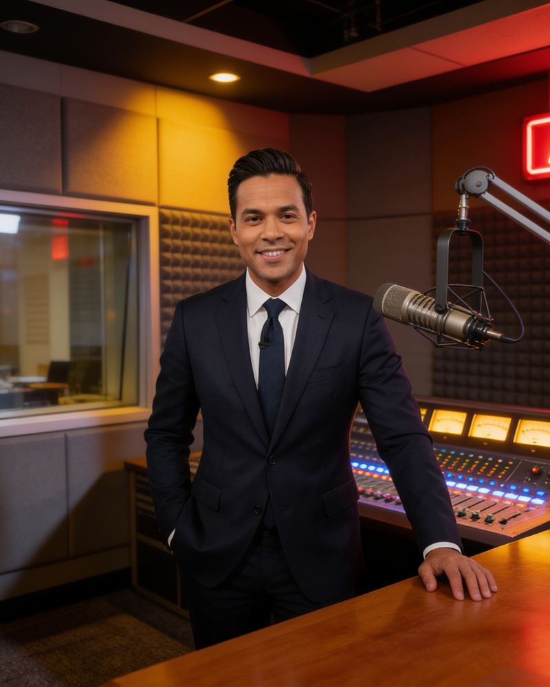 Mike Reynolds smiling at the desk, an On Air sign behind him
