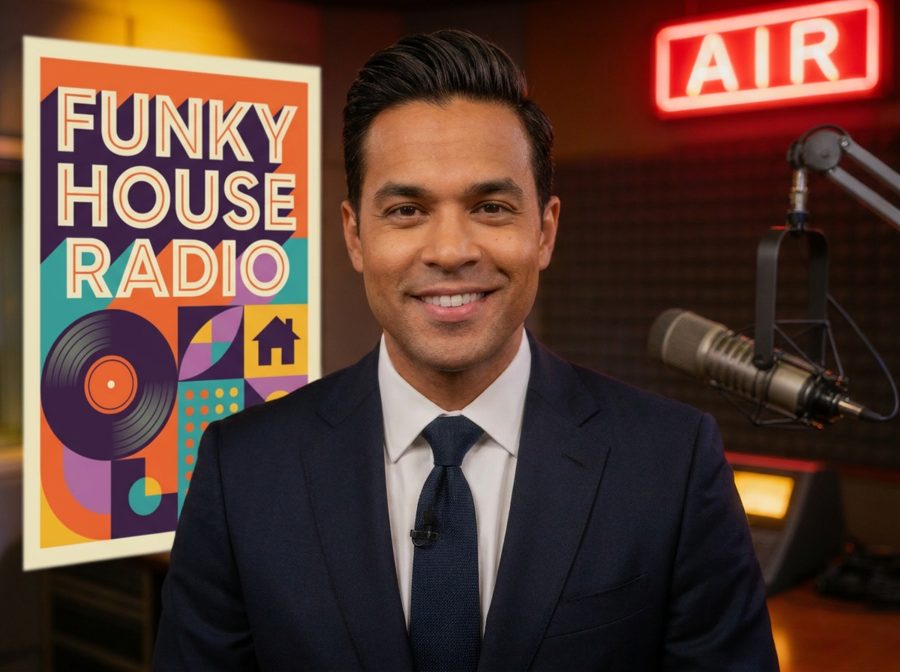 Mike Reynolds in a suit, smiling, in front of an On Air sign